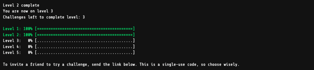 Google Foobar Challenge level 2 - Elevator Maintenance
Level 2 complete
You are now on level 3
Challenges left to complete level: 3