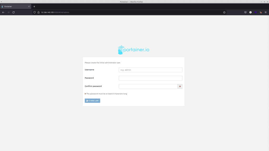 Portainer startup page
multipass docker portainer