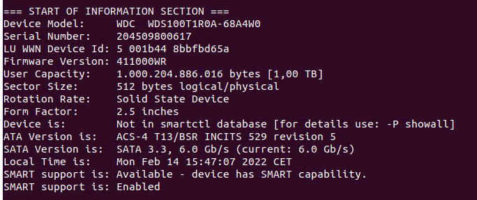 sudo smartctl -i output
check health ssd hdd